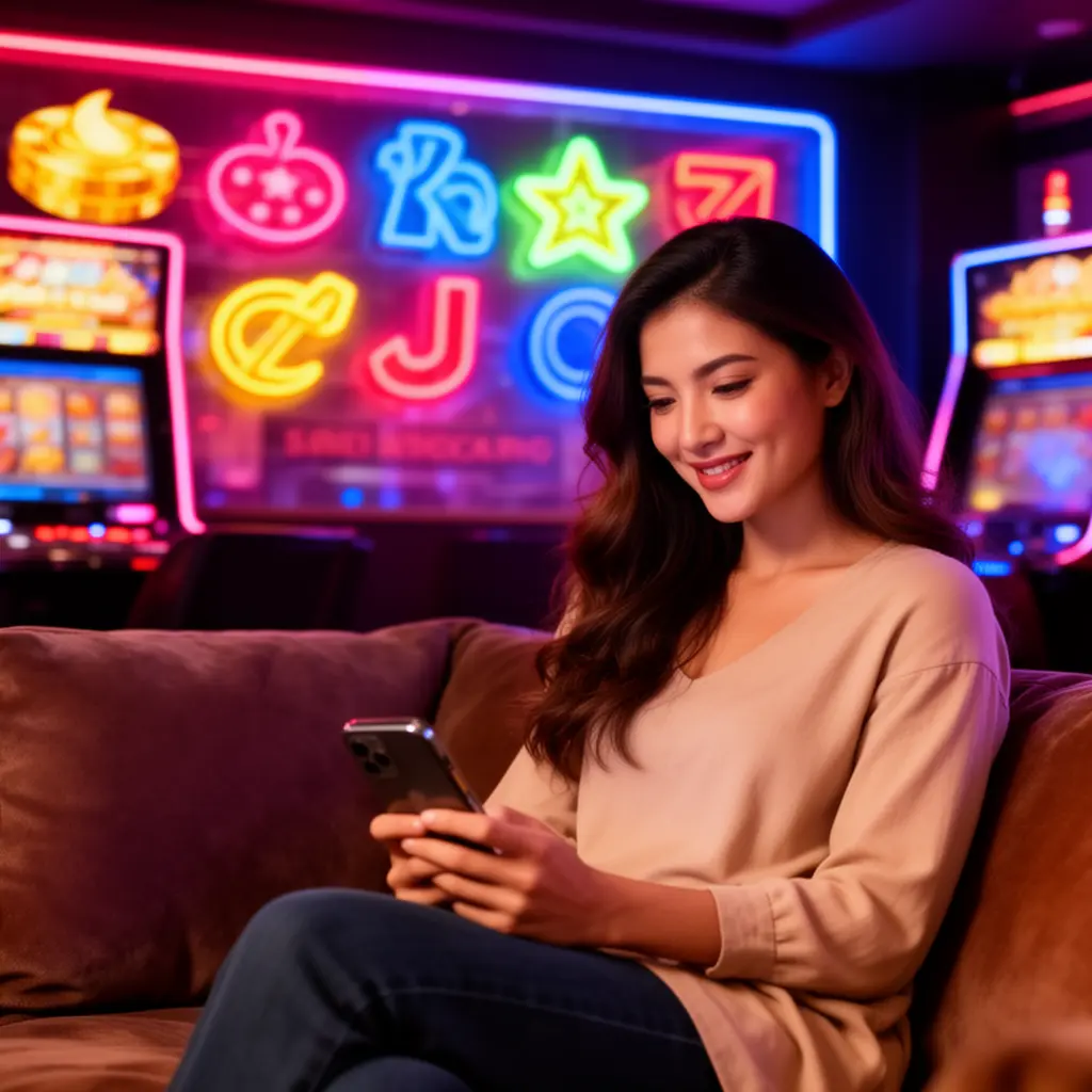 Elegant Malaysian woman relaxing on a sofa while browsing the AP33 casino app with a vibrant neon casino background