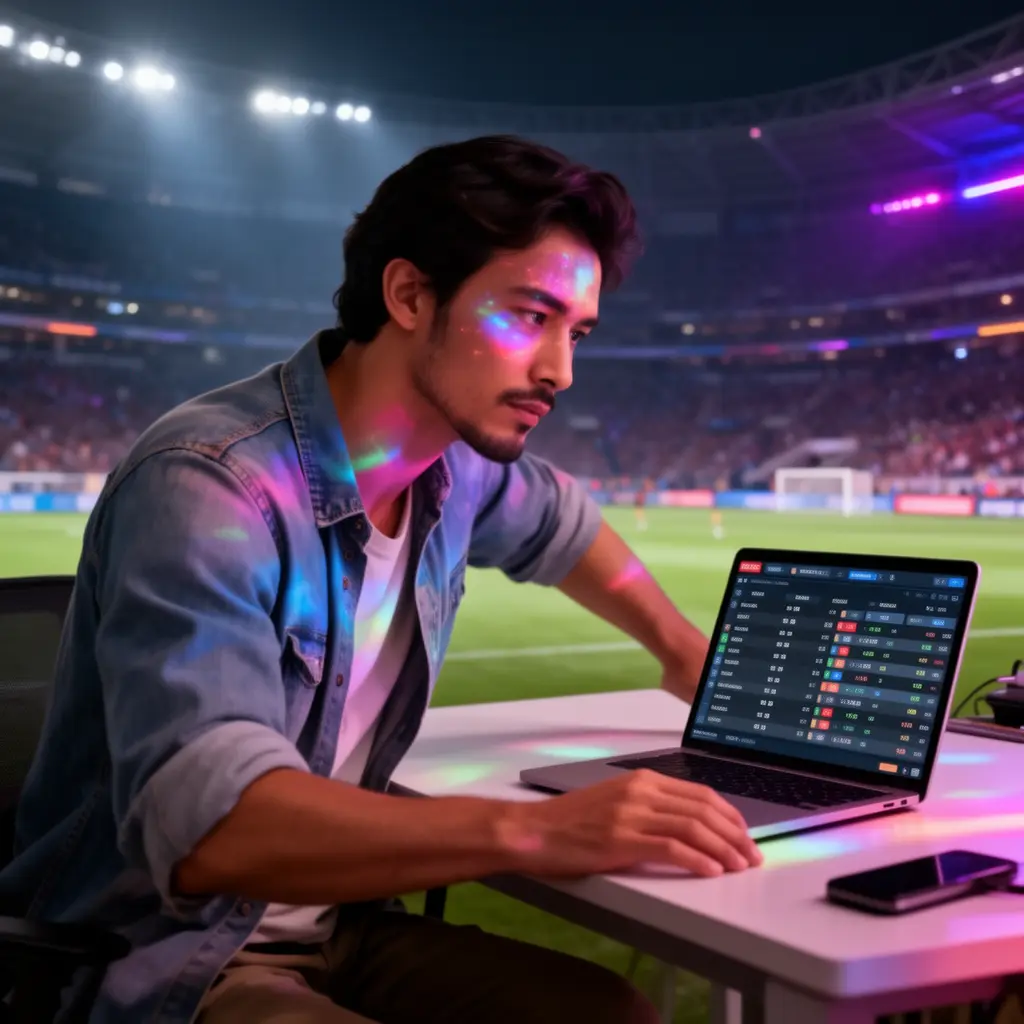 AP33 Bet – Enjoy fast and reliable sports betting for Malaysian players Focused Malaysian bettor analyzing live soccer odds on a laptop with colorful stadium lighting while using the AP33 betting platform