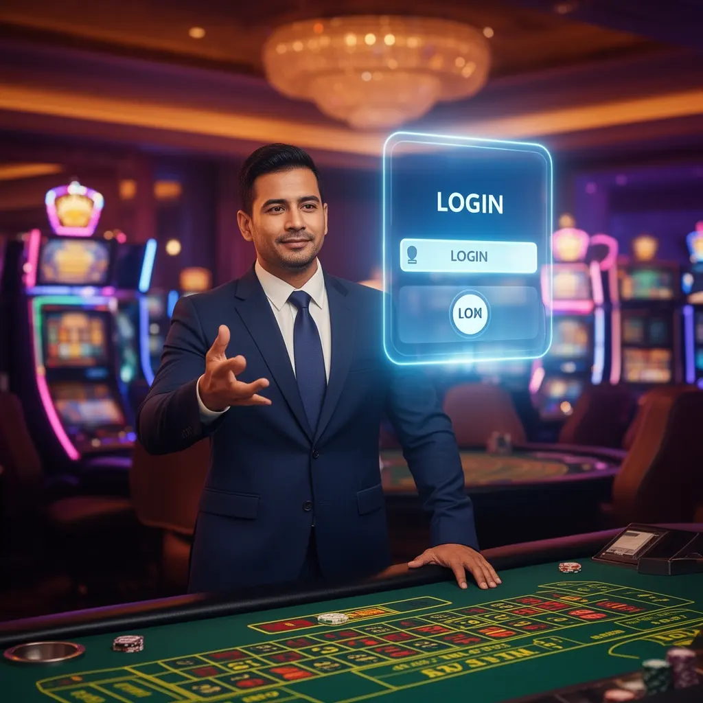 Confident AP33 live casino host pointing toward a floating holographic login button in a vibrant casino atmosphere for players in Malaysia